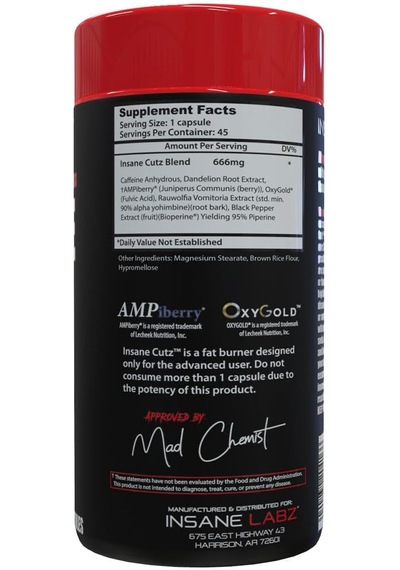 Insane Labz Insane Cutz Intense Cuts Fat Burner Men Women Thermogenic Weight Loss Appetite 45 Caps Aromasız