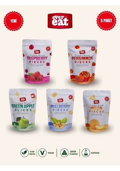 Evereat 5'li Freeze Dry Meyve Cipsi Seti - Frambuaz, Hurma, Elma, Dut, Kavun Çıtır Meyve Paketi 1 Adet