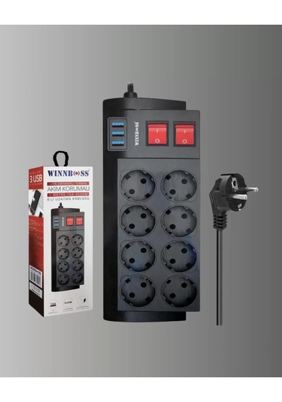 Isıya Dayanıklı Termal Akım Korumalı 8 Li Priz Ve 3 Usb Girişli Uzatma Kablosu