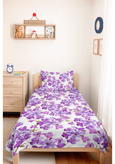 Mor Çiçekli Modern Genç Odası Tek Kişilik Pike Takımı - Lila Beyaz 160x220 Cm Kapitone Yatak Örtüsü Buharlı Nehir Anısı