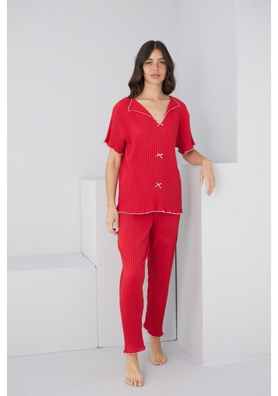 Siyah İnci Mevsimlik İnce Fiyonklu Pijama Takım7879 Kırmızı