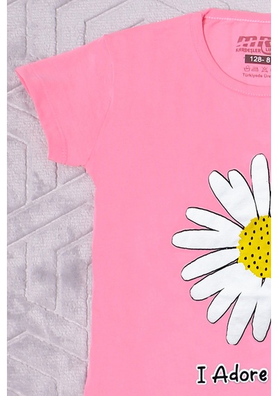 Hçm Kız Çocuk Tshirt Papatya Baskılı Bisiklet Yaka D26 Pembe