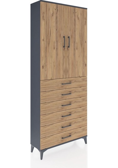 Arges Dolap 2 Raflı 6 Çekmeceli 2 Kapaklı 88x30x221 Antrasit-çam Antrasit