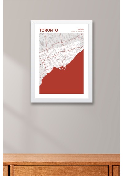 Toronto Kanada Canada Haritası Çerçeveli Tablo Lüks Salon Ofis Duvar Dekorasyonu Hediyelik Tablo Beyaz
