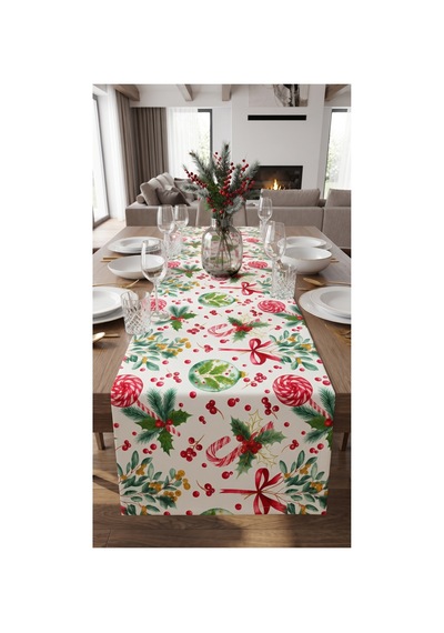 Duck Kumaş Runner 40x150 Cm Yılbaşı Şeker Bastonu, Çam Dalı Ve Kırmızı Kurdele Desenli, Su İtici Leke Tutmaz Masa Şeridi Kırmızı - 935840398 Kırmızı