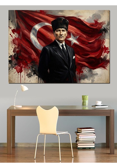 Atatürk Türk Bayrağı Önünde Portre Dekoratif Kanvas - Mdf Ahşap Tablo