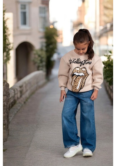 Kız Çocuk Yeni Sezon Leopar Desen Açık Kahve - Bej Renk Rolling Sweatshirt Krem