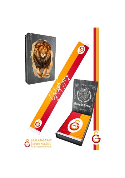 Galatasaray Lisanslı Çift Yön Baskılı Şal Kaşkol Atkı Aslan Baskılı Ahşap Kutulu Sarı - Kırmızı