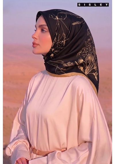 Sisley İpek Saten Eşarp-asm2032 Siyah-Gold