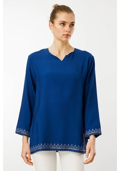 Desen Triko Kadın Kolu Ve Eteği Yırtmaçlı Eteği Nakışlı Bluz 25775 Indigo Indigo