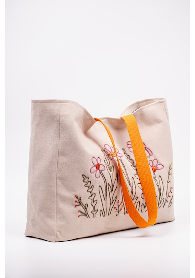 Fabric Craft Bag Omuz Çanta Nakışlı Keten Karışımlı Kumaş Tote Çanta Kahverengi - Turuncu