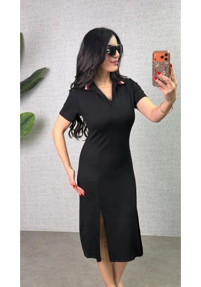 Defymoda Kadın Polo Yaka Çift Yırtmaç Detay Modal Kumaş Midi Boy Elbise Siyah Defymoda Kadın Polo Yaka Çift Yırtmaç Detay Modal Kumaş Midi Boy Elbise Siyah