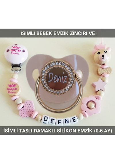 Sahi Aksesuar İsimli Emzik Zinciri Ve İsimli Silikon Emzik 0-6 Ay Bezyı430 Lila - Turuncu