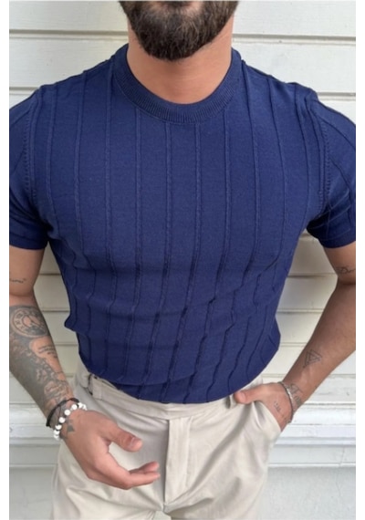 Erkek Slim Dar Bisiklet Yaka Düz Triko T-shirt Lacivert