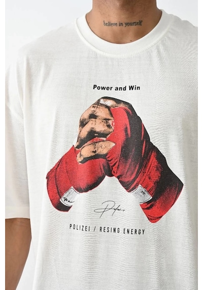 Erkek Box Eldiven Baskılı T-shirt Kısa Kol Bisiklet Yaka Tişört - Beyaz Beyaz