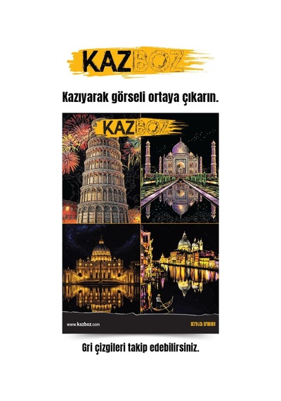 Kazboz Kazıma Sanatı Yapılar, Scratch Art Kağıdı, Ahşap Kalem Dahil, 20x28,5 Cm, Dünya Anıtları Temalı Diğer