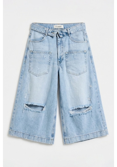 it's basic Kadın Mavi 12s6-3 Süper Baggy Fit Kemer Detaylı Maxi Boy Denim Şort