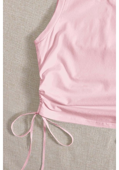 Merry See Yanları Büzgülü Kolsuz Bluz Crop Top Atlet Pembe