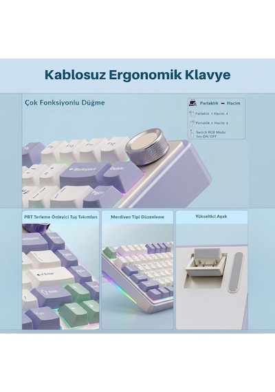 Aula F75 Mekanik Rgb Tkl Ice Vein Switch Kablosuz Makrolu Hot Swap Klavye Pastel