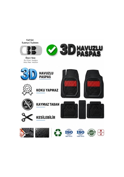 Renault Kango Combi 1998 Uyumlu 3 Cm Havuzlu 5 Parça Set 3d Paspas Takımı Siyah - Kırmızı