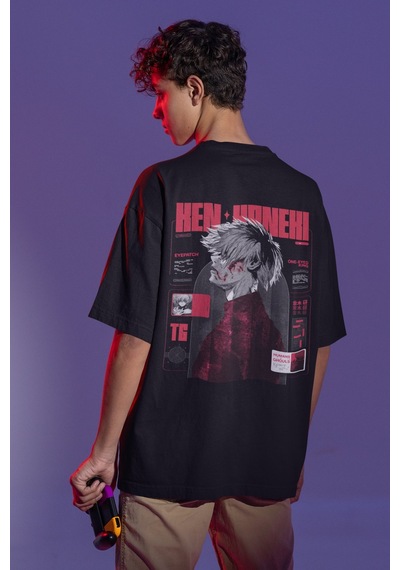 Tokyo Ghoul Ken Kaneki Sırt Baskılı Unisex Oversize Anime Tişört Siyah