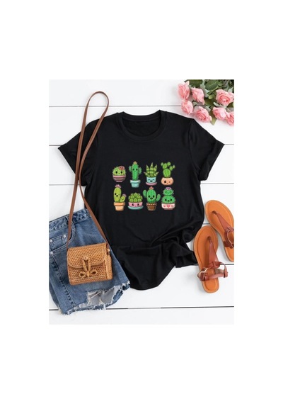 Medinenur Sevimli Kaktüsler Baskılı Basic T-shirt Siyah