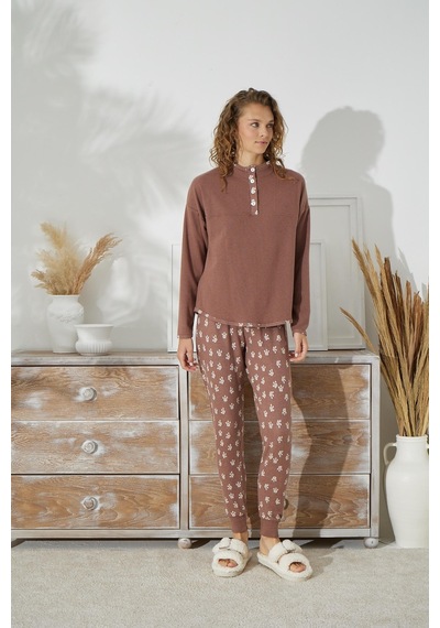 Sevim Kadın Uzun Kol Jakarlı Kalın Kahve Pijama Takımı C1t5n1o94 001