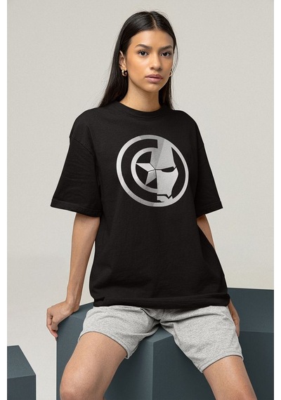 Marvel Kaptan Amerika Iron Man Baskılı Unisex Oversize Tişört Siyah