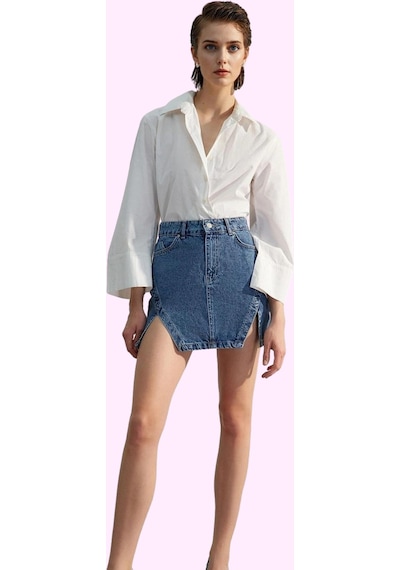Ersefa Kadın Denim Yırtmaçlı Mini Etek Pamuk Günlük Casual Kombinler Haf Mavi