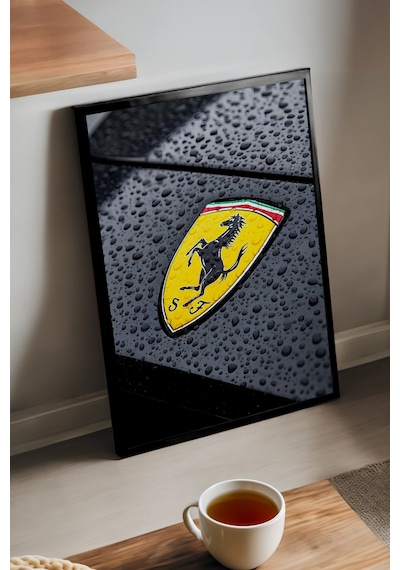 Ferrari Amblem Siyah Ahşap Çerçeveli Poster, Dekoratif Araba Duvar Tablosu