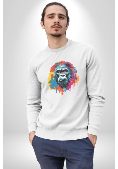 Renkli Maymun Goril Unisex Beyaz Baskılı Sweatshirt Beyaz