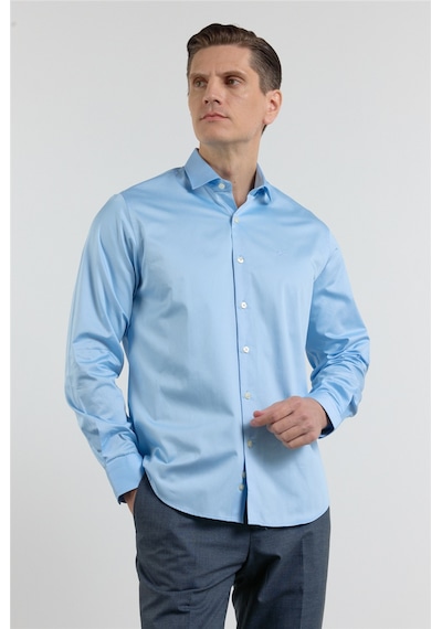 İmza Mavi Yarım İtalyan Yaka Saten Uzun Kol Premium Slim Fit Pamuk Gömlek 1004255195 XL