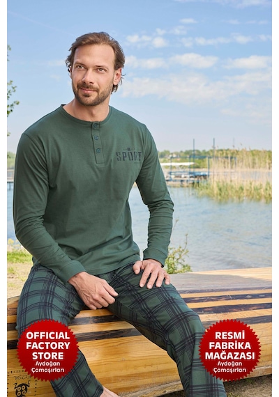 Aydoğan Erkek Yeşil Uzun Kollu Kışlık %100 Pamuk Pijama Takımı Süprem Patlı