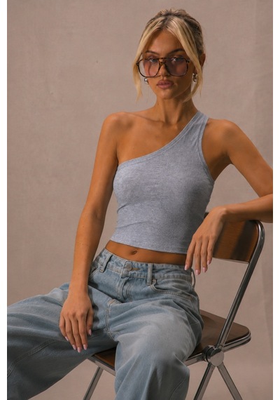 Tarz Cool Kadın Tek Omuz Crop Atlet Esnek Slim Fit Süprem Kumaş Asimetrik Yaka Bluz Gri
