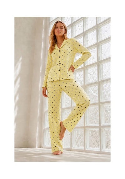 Fit Women Kadın Çeyizlik Puantiyeli Sarı Pijama Takımı