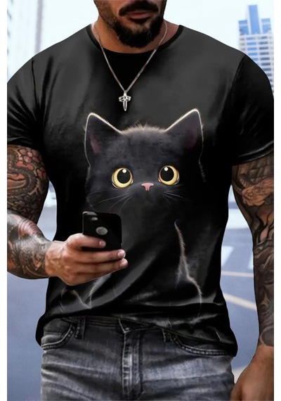 Efnaz Style Erkek Bisiklet Yaka Kedi Baskılı Süprem T-shirt Siyah