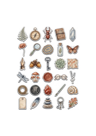 30 Adet Vintage Botanik Keşif Sticker Seti - Laptop Defter Ajanda Scrapbook İçin Çok Renkli