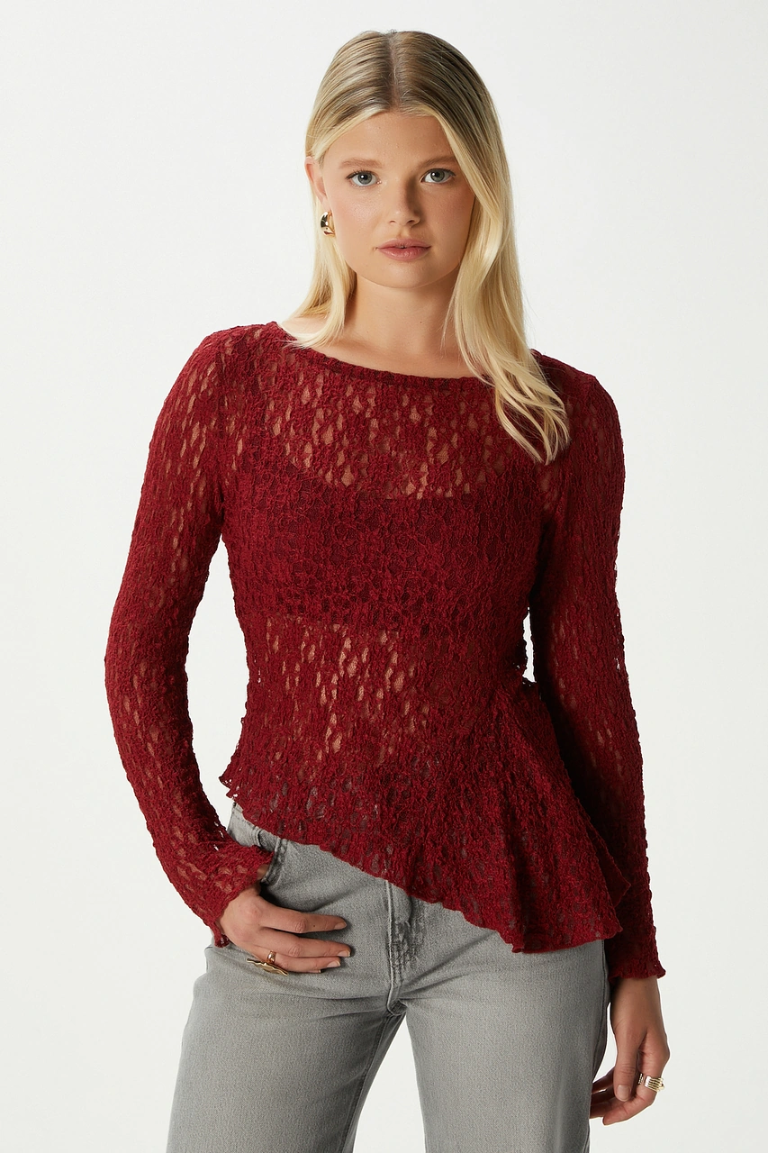 Ritnice Angel Asimetrik Bordo Uzun Kollu Dantel Top / Bluz Bordo
