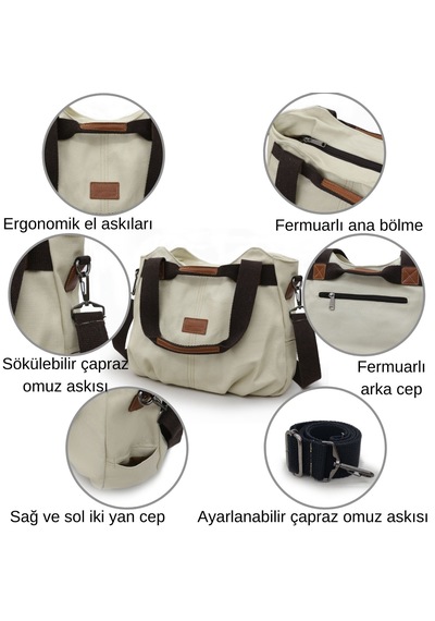Cappadocia Vintage 3212 Demeter Kadın Omuz El Günlük Tote Cepli %100 Pamuk Kanvas Çapraz Çanta Açık Krem