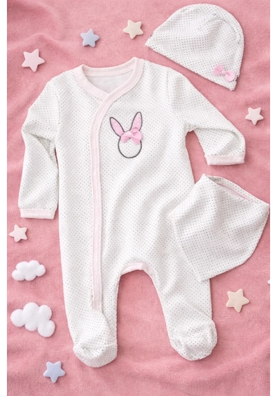 Pekminibebe Sevimli Tavşan Desenli Kız Bebek 4 Lü Tulum Seti Çok Renkli