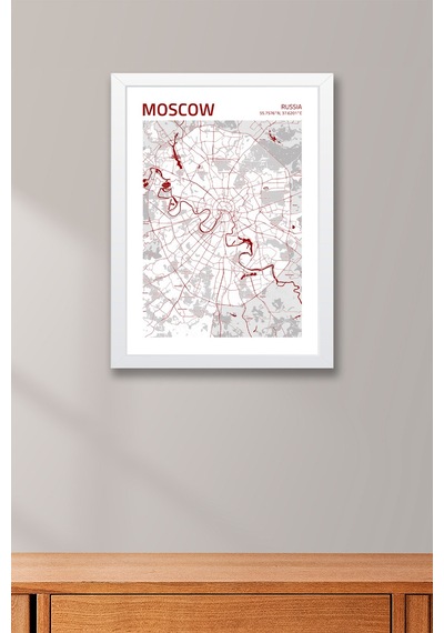 Moskova Rusya Moscow - Russia Haritası Çerçeveli Tablo Lüks Salon Ofis Duvar Dekorasyonu Tablo Beyaz