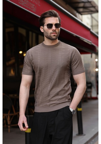 Açık Kahverengi Bisiklet Yaka Slim Fit Triko Erkek Tişört E7466