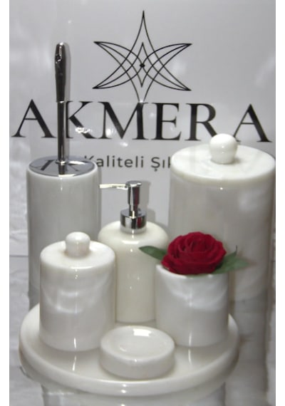 Akmera Home Mermer Kulplu 7 Parça Şık Banyo Seti Özel Tasarım Beyaz