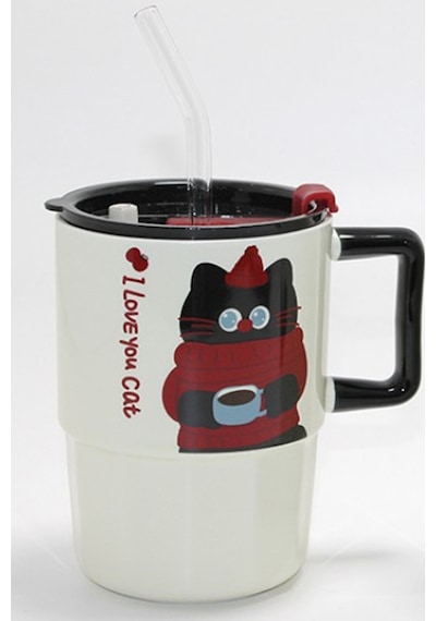 Pipetli Kapaklı Kedi Figürlü Seramik Kupa - 400ml I Love You Cat Tasarım Bardak Çok Renkli
