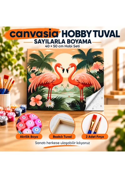 Sayılarla Boyama Numaralı Tuval Seti Boya Fırça Dahil 40x50 Cm Flamingoların Tropik Aşkı