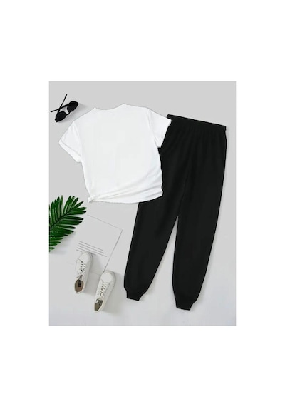 Medinenur Süslü Peluş Ayıcık Baskılı T-shirt Eşofman Altı Jogger Rahat Kalıp Siyah Eşofman Takım Beyaz