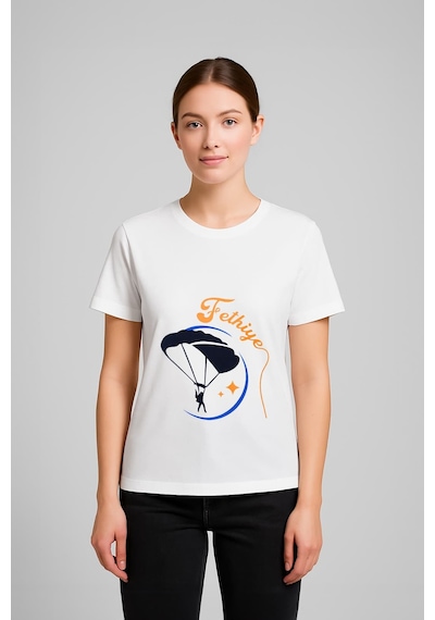 Markapia Woman Kadın Bisiklet Yaka %100 Pamuk Fethiye Baskılı Kısa Kollu T-shirt Beyaz L