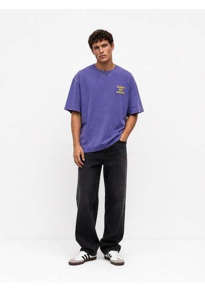 Respire Erkek Puf Baskılı Yıkamalı Oversize T-shirt Mor