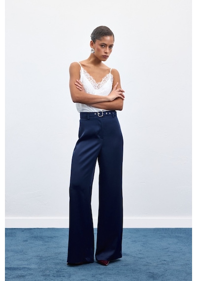 Sateen Kemer Detaylı Saten Pantolon - Lacivert-136950 Lacivert