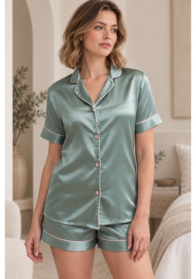 Loule Kadın Mint Kontrast Biyeli Saten Şortlu Pijama Takımı